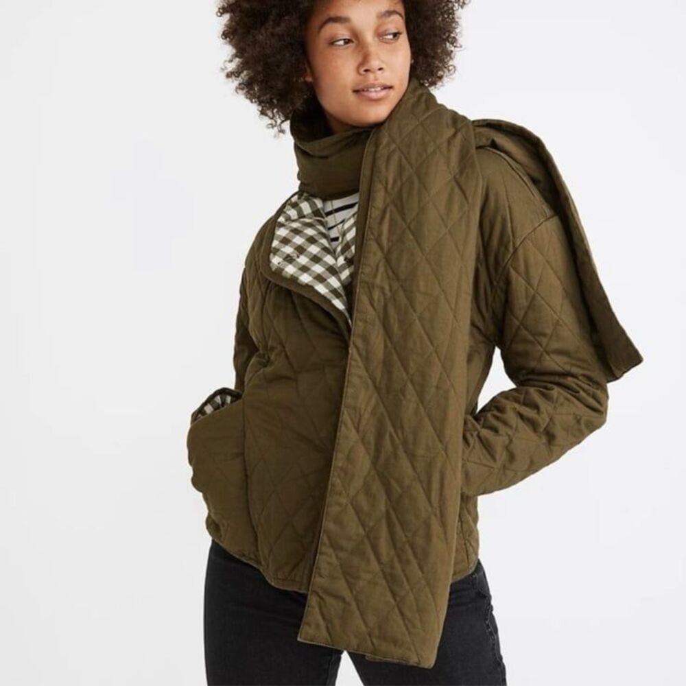 Madewell Reversible Quilted Chore Jacket in Dark Olive Green Checkered Plaid XS